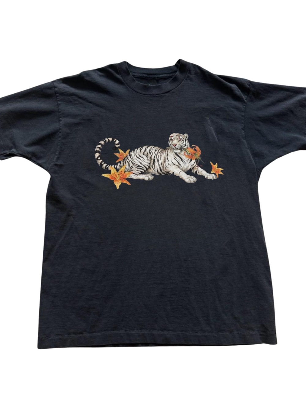 Gildan Black T-Shirt with White Tiger and Orange Flowers